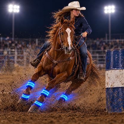 Barrel racing horse at a night rodeo wearing blue LED leg bands