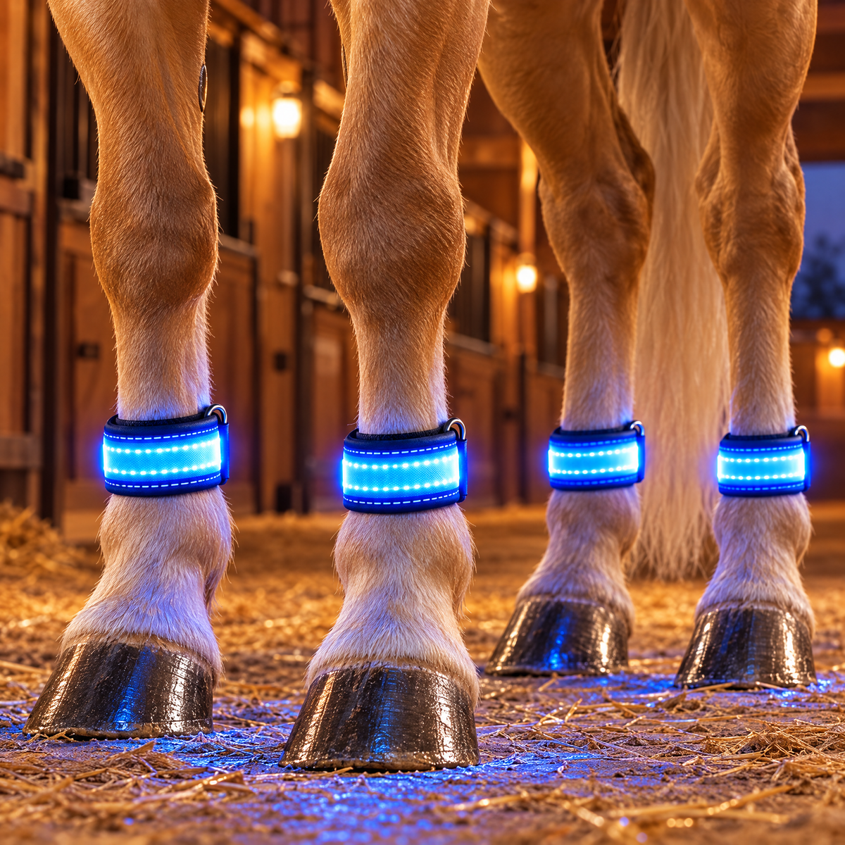 Horse in a barn wearing 4 blue LED leg bands