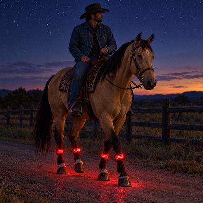 Western rider at night, horse wearing red LED leg bands