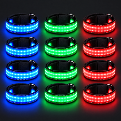 LED leg bands in blue, green and red