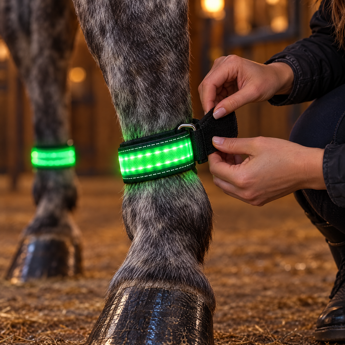 Fastening a green LED leg band with hook-and-loop