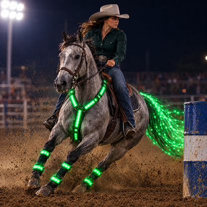 Barrel racing at night with the green Full Glow Kit