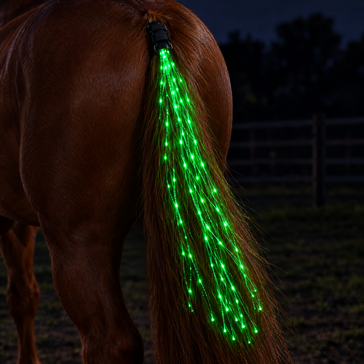 Close-up of the LED tail light in a horse's tail