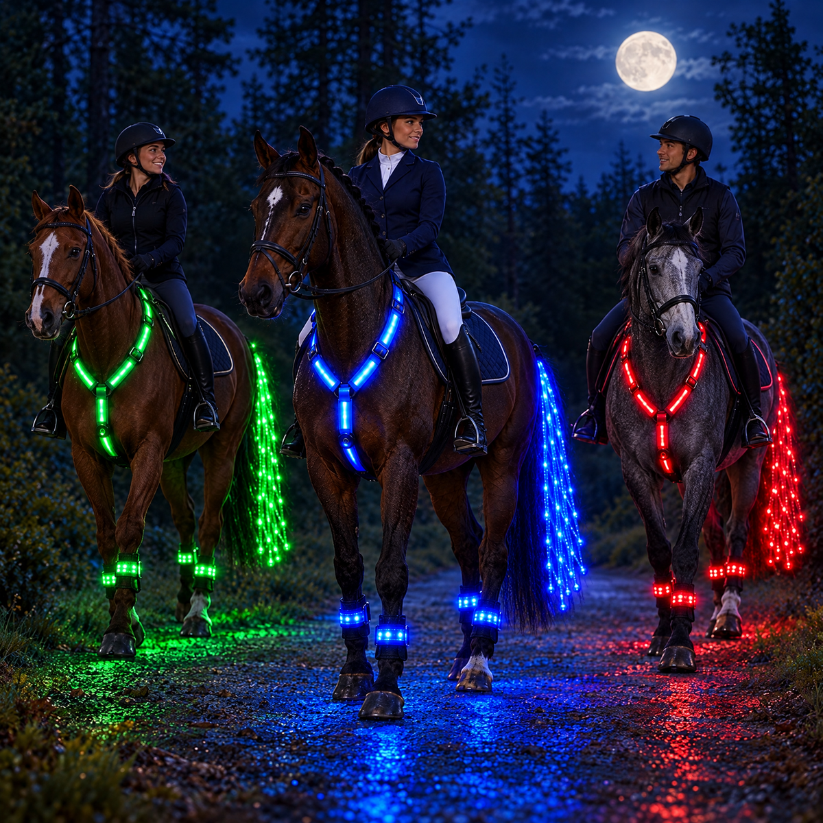 Night group trail ride with Full Glow Kits in blue, green and red