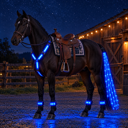 Black horse at night wearing the blue Full Glow Kit