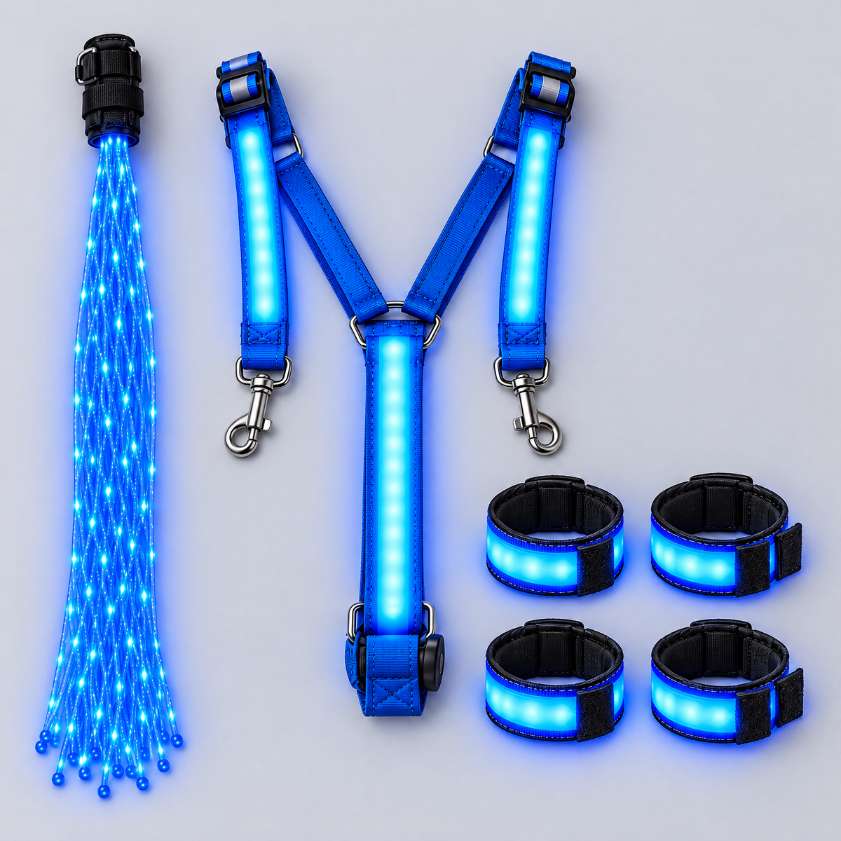 TrotLight Full Glow Kit in blue: chest strap, tail light and 4 leg bands