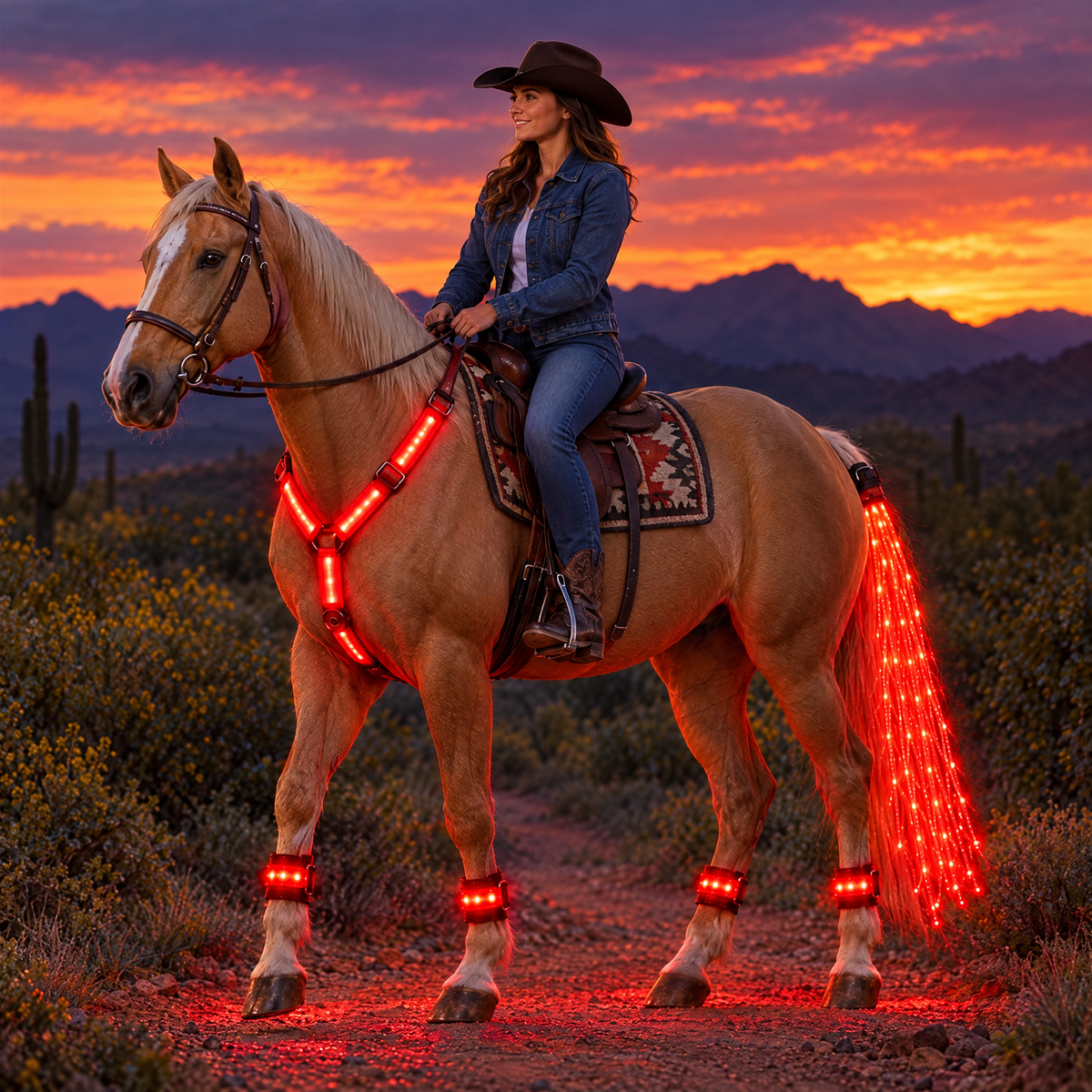 Rider at dusk on a palomino wearing the red Full Glow Kit